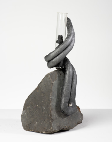 Caroline Rothwell Curiosity 5, 2023; Trachyte, graphite, canvas, hydrostone, steel, glass, charcoal; 31 x 15 x 13 cm; more info; enquire