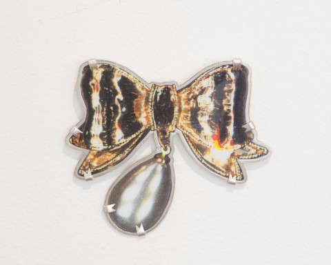 Octavia Cook Baroque Pearl and Bow Brooch, 2007; laminated colour photocopy, stg silver; Edition of 5; enquire