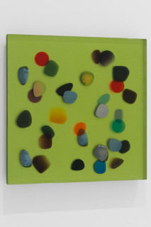 Jim Lambie March 1988, Symphony, 2026; resin, sunglasses lens, birch plywood, paint; 51 x 51 x 5 cm; enquire