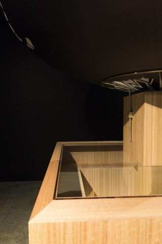 Brook Andrew Tombs of thought: Water (detail), 2017; timber, glass, paper, aluminium; enquire