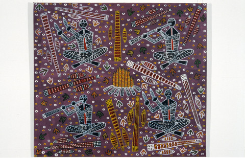 Robert Campbell Jnr Aboriginal Orchestra, 1989; acrylic on canvas; 106 x 119 cm; enquire