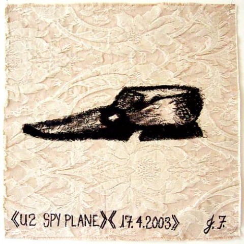 Jacqueline Fraser U2 Spy Plane >, 2003; from the series AN ELEGANT PORTRAIT REFINED IN ELEVEN STUDIOUS PARTS >; oil stick on fabric (framed); 32 x 32 cm; enquire