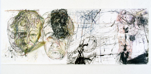 Mike Parr RADAR RRAP (The Zombie Exchange), 1987; Acrylic & charcoal on Stonehenge paper; 127.5 x 350 cm; enquire