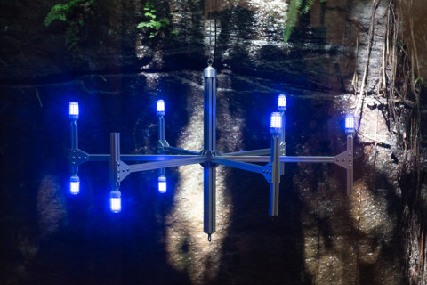 Marley Dawson WING/Studio (blue), 2024; aluminium, stainless steel, electrics; 70 x 100 x 100 cm; more info; enquire