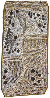 Mulkun Wirrpanda Gutjawutja, 2015; 4786F; Bark painting; 59 x 29 cm; enquire