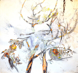 John Wolseley After the Fire - Smoke still rested in the branches of the peach tree  as the sun rose above the lake. Tasmania , 2009-12; watercolour and graphite; 176 x 182 (framed); enquire