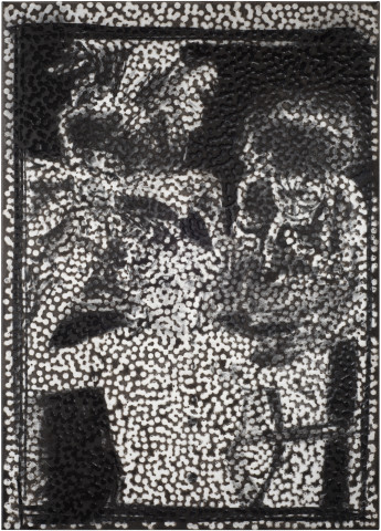 Daniel Boyd Untitled (KKB), 2017; oil, charcoal and archival glue on canvas; 71.5 x 51 cm; enquire