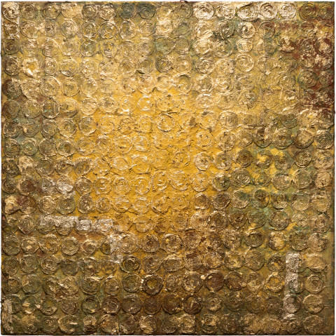 Kirtika Kain Blue Bloods VI, 2023; cotton thread, rangoli pigment, artist pigment, tar, acrylic paint, gold leaf, gold paint, tar; 120 x 120 cm; more info; enquire