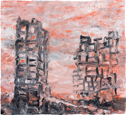 Fiona Hall Counting For Nothing 10, 2024; oil paint on aluminium drink cans; approx. 30.5 x 33.5 cm; enquire