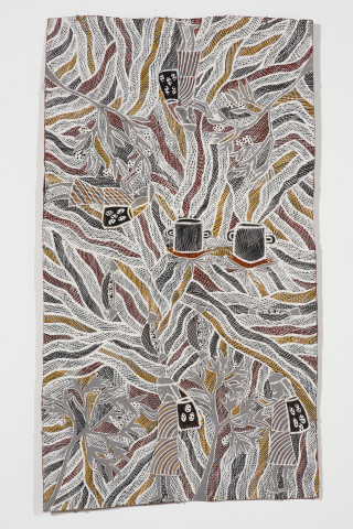 Yalmakany Marawili Burukpili, 2023; 5690-23; earth pigments on Stringybark; 120.5 x 67 cm; more info; enquire