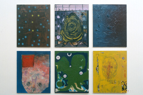 Gareth Sansom Structure with Spots, Spiral, Void, Red Corner, Green Shape, Head, 1990; mixed media on cotton duck; 76 x 61cm (each); enquire