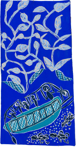 Dhambit Munuŋgurr Naku at Dhuruputjpi, 2021; 1408-21; earth pigments and acrylic on bark; 170 x 88 cm; more info; enquire