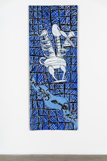 installation view; Dhambit Munuŋgurr Wandawuy, 2024; 6116-24; acrylic on bark; 209 x 81 cm; enquire