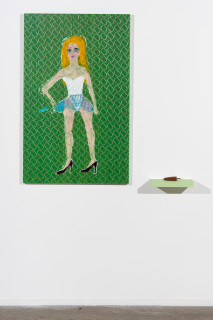 installation view; Jenny Watson 70's hostess in an Eastern European club, 2026; acrylic on French brocade; ice-cream model on shelf; 2 parts: 122 x 77 cm; 6 x 30 x 15 cm; enquire