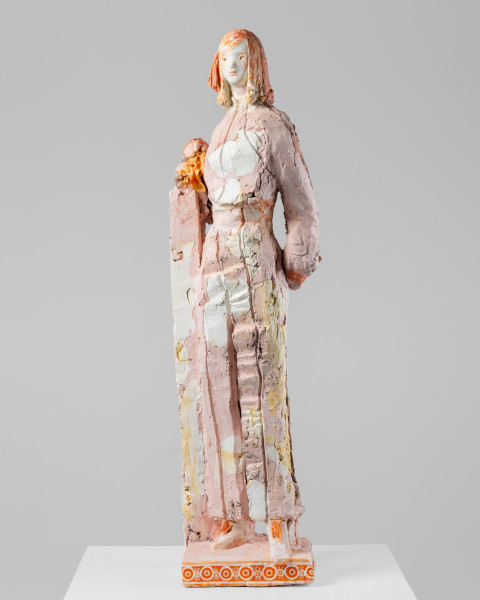 Linda Marrinon Woman in pink and white stone, 2026; tinted and painted plaster with muslin; 99 x 28 x 25 cm; enquire