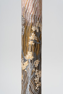 Yalmakany Marawili Meditjin, 2025; 7970-25; earth pigments on stringybark hollow pole; 240 x 20 x 20 cm; enquire
