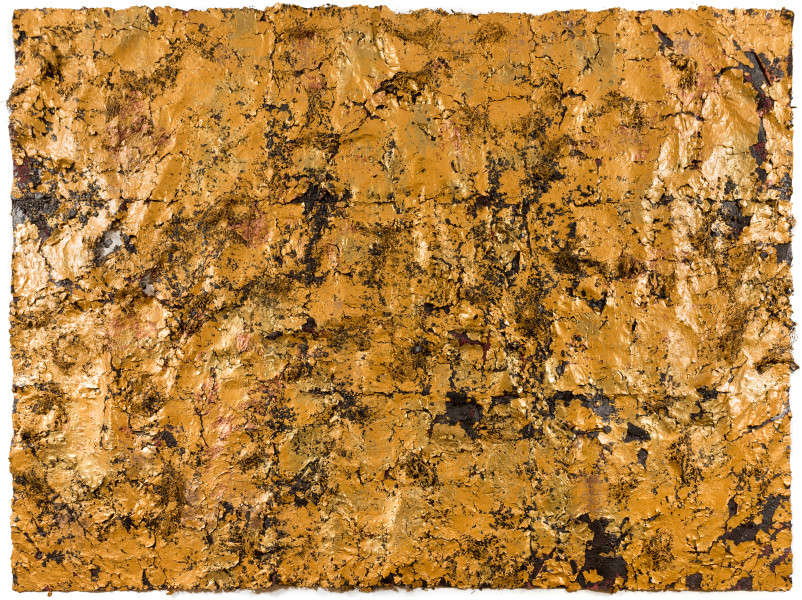 Kirtika Kain Her, 2019, gold paint, human hair, charcoal, wax, hand made paper, 169 x 226 cm