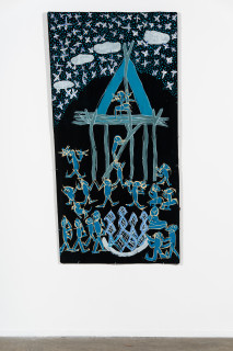 installation view; Dhambit Munuŋgurr Gaḏawulkgulk, 2025; 2592-25; acrylic and earth pigment on bark; 187 x 94 cm; enquire