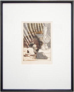 Linda Marrinon Still life with De Tocqueville bust, 2003; drypoint etching; 39.7 x 32.2 cm; (framed), non-editioned; enquire