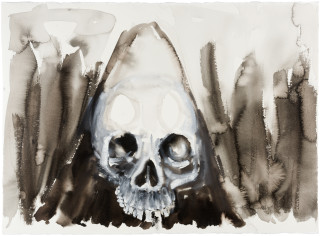 Fiona Hall Caged 9., 2017; Cat no. 60; gouache and tapa dye on rag paper; 57 x 76 cm; enquire
