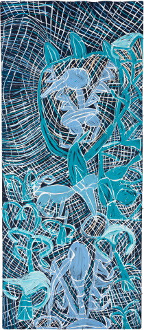 Dhambit Munuŋgurr Ḏulk, 2023; 3254-23; acrylic on bark; 215 x 92 cm; enquire