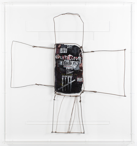 Fiona Hall zero sum, 2017; aluminum can, tin, wire, paint; 84 x 88.5 x 7 cm; enquire