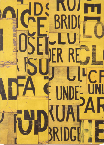 Rosalie Gascoigne News Break, 1994; retro-reflective roadsign on craftboard; 130 x 95 cm; enquire
