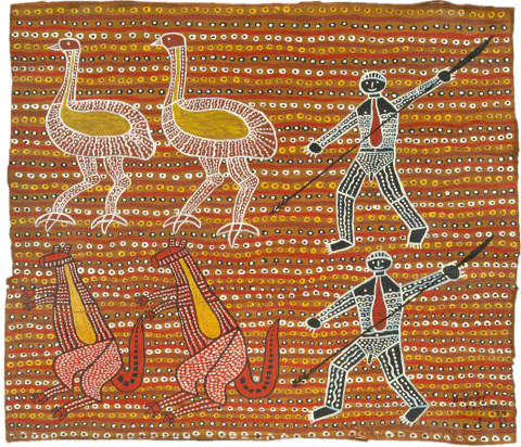 Robert Campbell Jnr Spearing the Emu and the Kangaroo DUPLICATE ???, 1987; acrylic on canvas; 91 x 120 cm; enquire