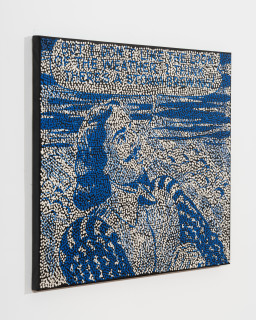 Daniel Boyd Untitled (WILULTILS), 2025; oil, acrylic and archival glue on paper mounted to canvas; 76.5 x 92 cm; enquire