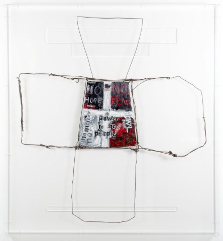 Fiona Hall zero sum, 2017; aluminum can, tin, wire, paint; 104.5 x 96.5 x 7 cm; enquire