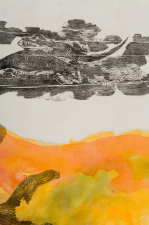 John Wolseley Great desert skinks on their basking mound in the Great
Sandy desert II (detail), 2026; watercolour and woodblock print on paper; 98 x 187 cm; 113 x 202 cm (framed); enquire