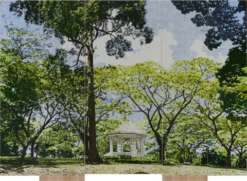 Gary Carsley D.120 Botanical Gardens Singapore, 2019-20; C-type print, dibond with split battens, IKEA cupboard, chair and stool; overall dimensions as assembled: 236.4 x 60 x 100 cm; more info; enquire