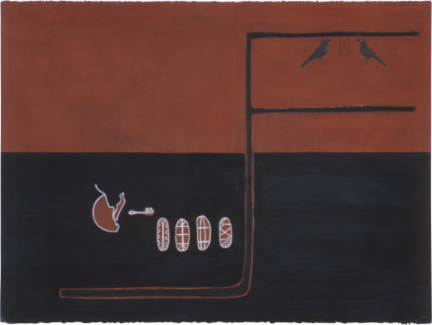 Fiona Foley Dora Ring & Fraser Island Shields, 1991; ink, pastel and pencil on paper; 57 x 76.5 cm; enquire