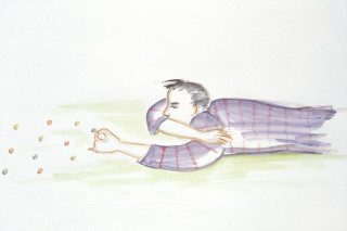 Vivienne Shark LeWitt untitled sketch (boy with marbles), 1994; watercolour on paper; 55 x 75 cm; enquire
