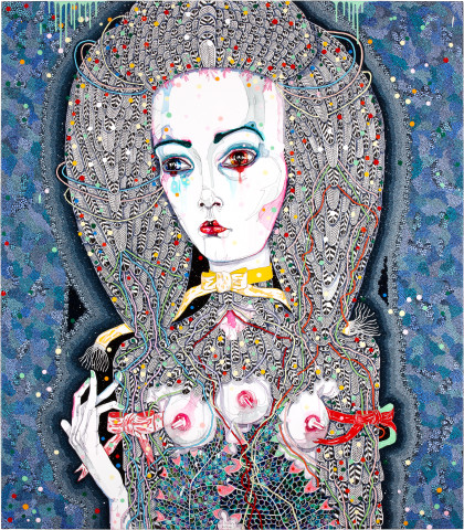 Del Kathryn Barton satellite fade-out 5, 2011; acrylic, gouache, watercolour and ink on polyester canvas; 163 x 143 cm; enquire