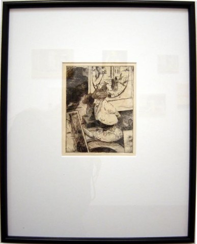 Linda Marrinon Still life with Lord Woodmouse and Meryon etching, 2003; drypoint etching; 39.8 x 32.1 cm; (framed), non-editioned; enquire