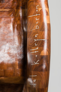 Del Kathryn Barton more the her (detail), 2022; American Black Walnut with Cambia ash and Rock Maple wood, Abalone Green and White Fresh Water mother of pearl inlay, hardwax oil, blackened steel; 157 x 100 x 100 cm; 140kg; enquire