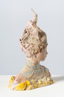 Linda Marrinon Woman with silver necklace, 2025; tinted and painted plaster with muslin; 46 x 33 x 16 cm; enquire