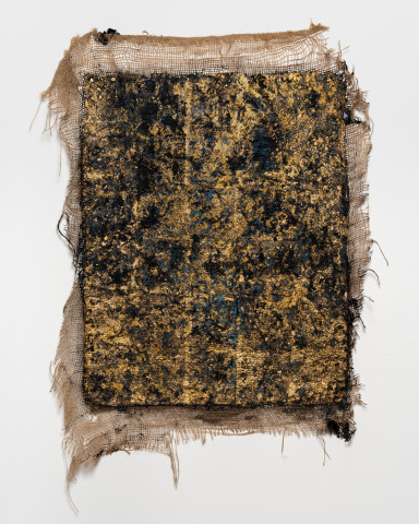 Kirtika Kain blue hessian, 2025; tar, gold leaf, acrylic paint on hessian; 94 x 74 cm; more info; enquire