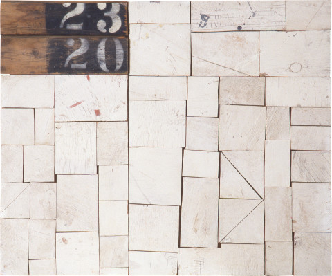 Rosalie Gascoigne Weighed and Divided, 1995; sawn wood on craftboard; 66 x 80 cm; enquire