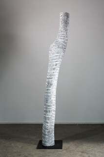 Nyapanyapa Yunupingu Lines, 2017; 2816-17; Larrakitj: natural earth pigments on hollow log; 217 x 27 x 20 cm; Enquire