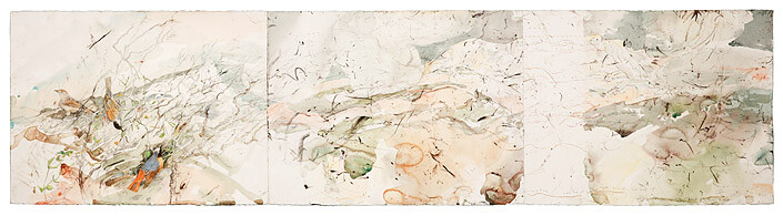 John Wolseley 2. The Redstart Sings - the Mountain Unfolds , 2008; found charcoal, graphite and watercolour on paper; 56.5 x 226 cm; enquire