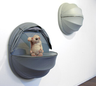 Patricia Piccinini 3. Nature's Little Helpers - Progenitor (for the Leadbeater's Possum), 2005; silicon, fibreglass, leather, plywood, hair, 2 parts; 70 x 35 x 35 cm; Edition of 3 + AP 1; Enquire