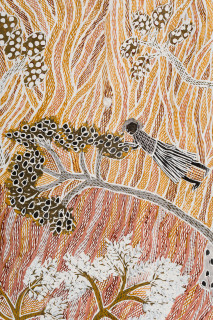 Yalmakany Marawili Borum'mirri (Fruitful) (detail), 2025; 5953-25; earth pigments on stringybark; 207 x 109 cm; enquire