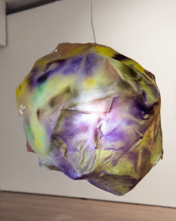 installation view; Mikala Dwyer Lamp Sculpture 3, 2024; PETG, acrylic paint, lightbulb, string; 60 x 70 x 65 cm; enquire