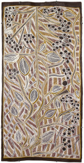 Mulkun Wirrpanda Gutjawutja, 2015; 4786E; Bark painting; 89 x 43 cm; enquire