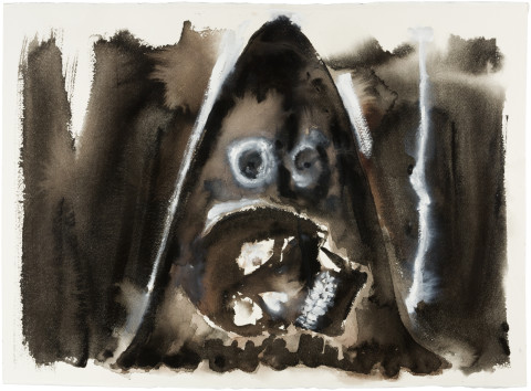 Fiona Hall Caged 8., 2017; Cat no. 59; gouache and tapa dye on rag paper; 57 x 76 cm; enquire