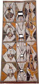 Les Midikuria Dillybags at Jumarrguarra, 1993; natural ochre pigments on bark; 57 x 136 cm; enquire