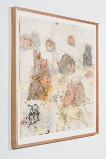 John Wolseley Walk across geological strata – Proterozoic to late Silurian: each step a million years II, 2025; watercolour, graphite, charcoal, frottage and nature prints on paper; 123 x 135 cm; 143 x 151 cm (framed); enquire