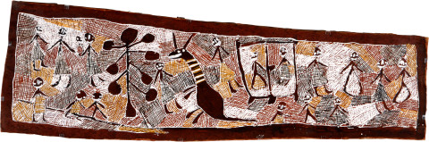 Nyapanyapa Yunupiŋu Gatapangawuy Dhawu 3, 2008; natural earth pigments on bark; 52 x 166 cm; enquire